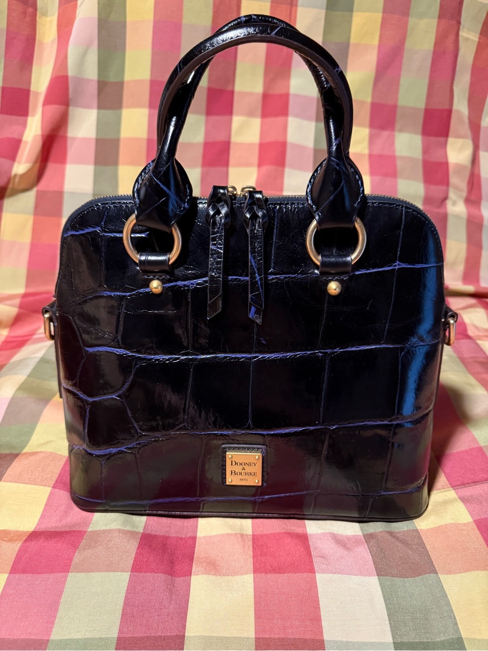 Dooney & Bourke Denison Blue/Black Croc-Embossed Leather Zip Zip Satchel